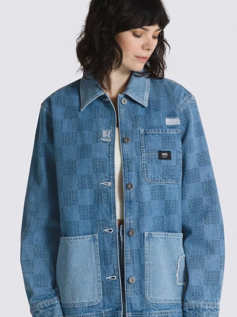 Vans Light Blue Patterned Denim Chore Jacket LARGE Patchwork Relaxed Farmcore